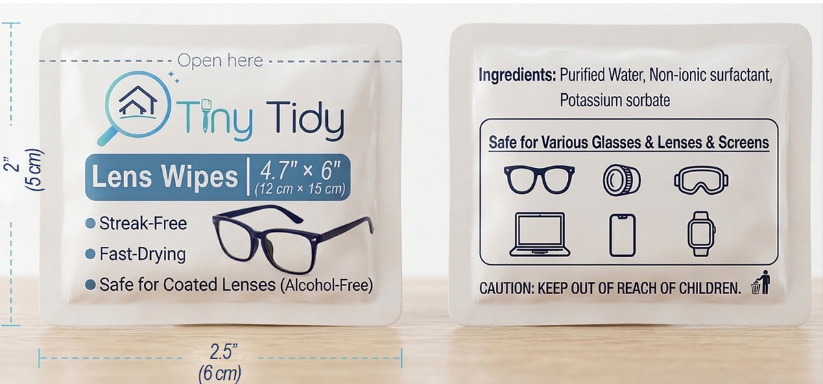 Tiny Tidy Eyeglass Cleaning Lens Wipes | 100 Individually Wrapped Pre-Moistened Glasses Cleaner Wipes for Eyeglasses, Sunglasses, Camera Lenses & Screens