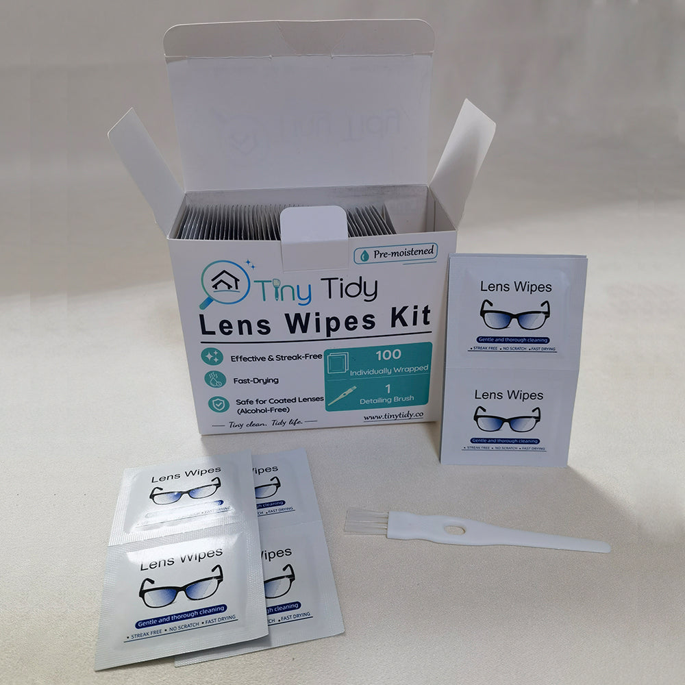 Tiny Tidy Eyeglass Cleaning Kit with Lens Wipes & Brush | 100 Individually Wrapped Pre-Moistened Glasses Cleaner Wipes for Eyeglasses, Sunglasses, Camera Lenses & Screens