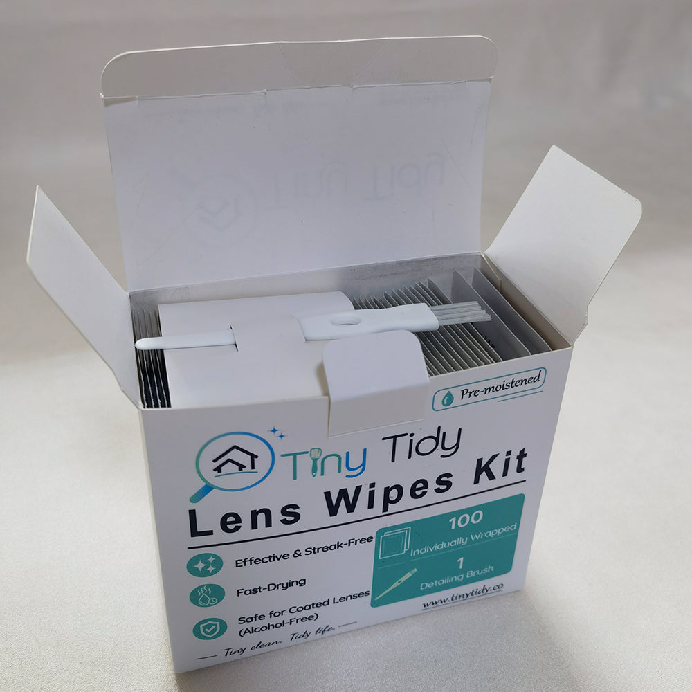 Tiny Tidy Eyeglass Cleaning Kit with Lens Wipes & Brush | 100 Individually Wrapped Pre-Moistened Glasses Cleaner Wipes for Eyeglasses, Sunglasses, Camera Lenses & Screens
