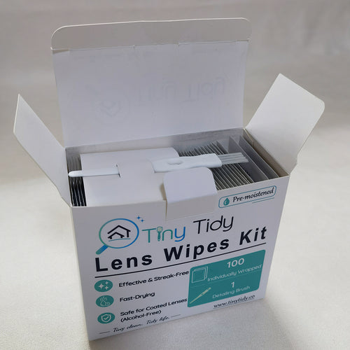 Tiny Tidy Eyeglass Cleaning Kit with Lens Wipes & Brush | 100 Individually Wrapped Pre-Moistened Glasses Cleaner Wipes for Eyeglasses, Sunglasses, Camera Lenses & Screens
