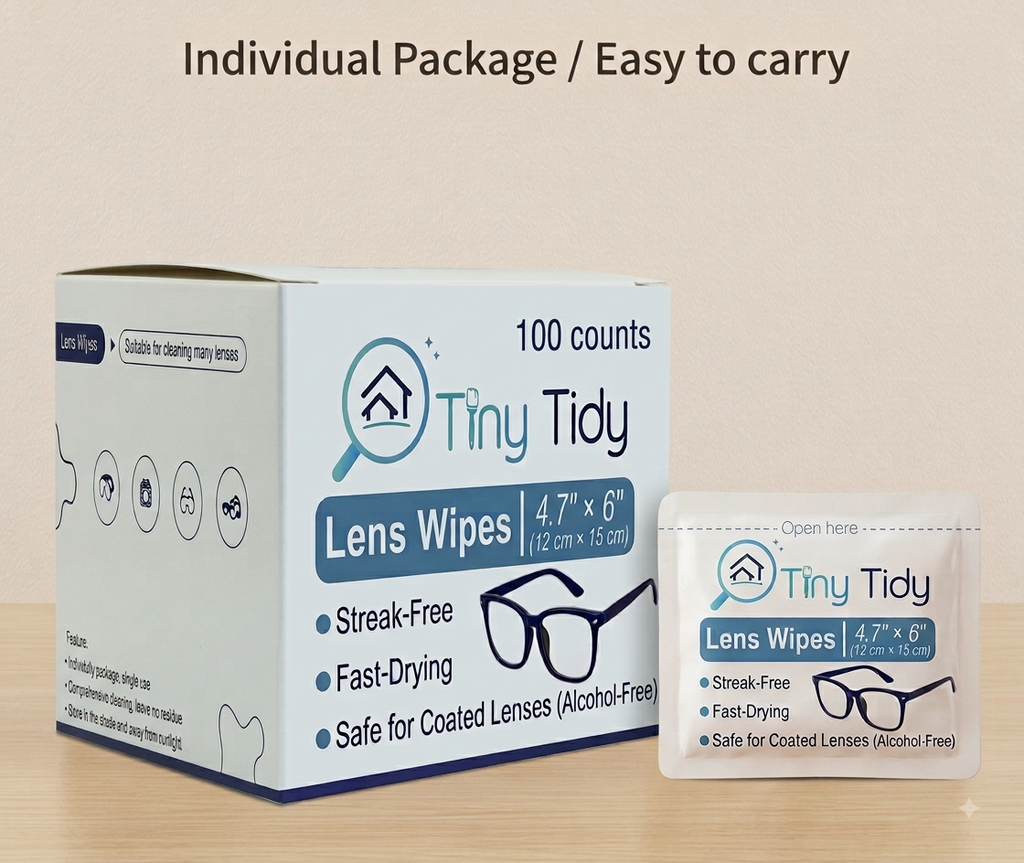 Tiny Tidy Eyeglass Cleaning Lens Wipes | 100 Individually Wrapped Pre-Moistened Glasses Cleaner Wipes for Eyeglasses, Sunglasses, Camera Lenses & Screens
