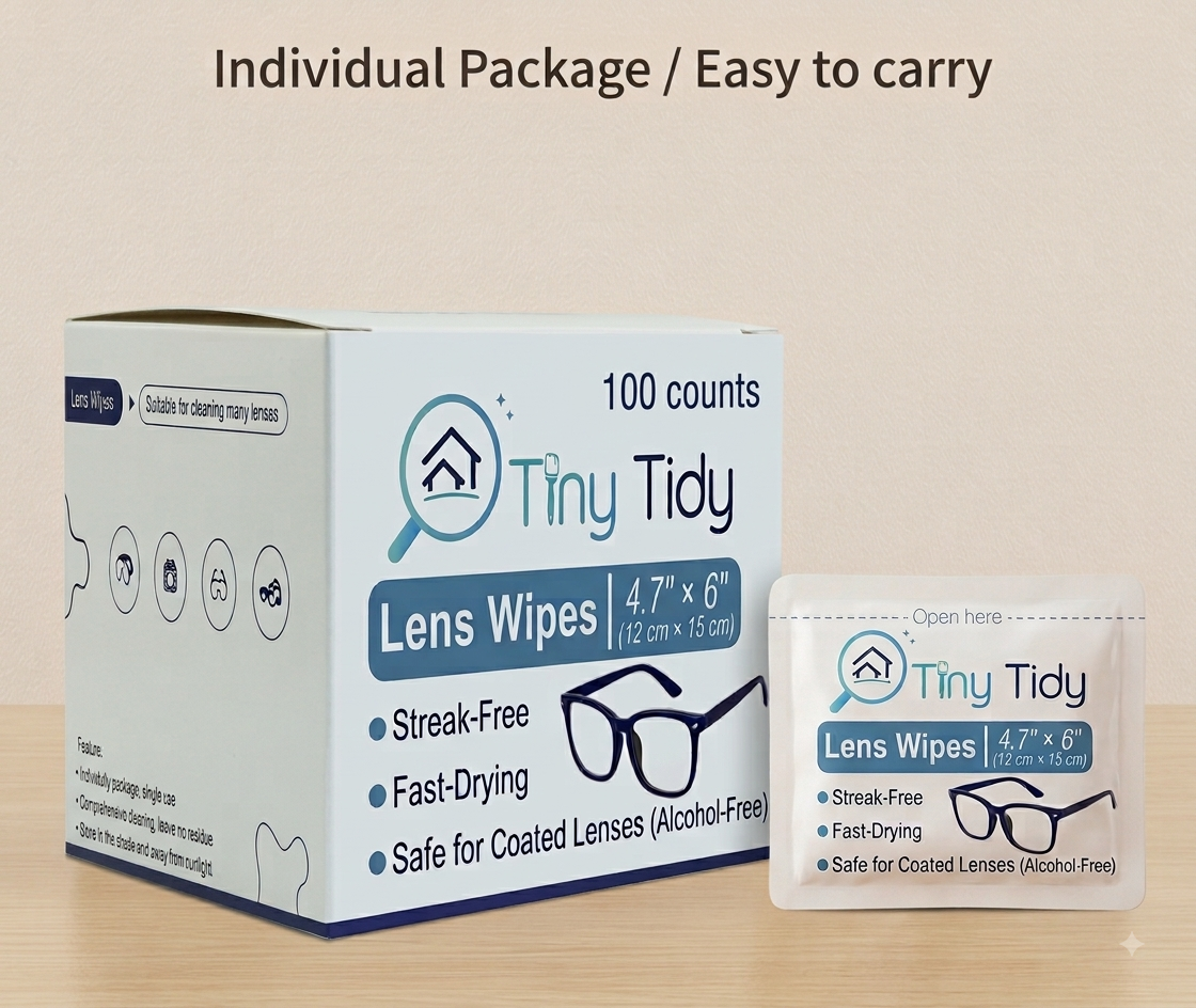 Tiny Tidy Eyeglass Cleaning Lens Wipes | 100 Individually Wrapped Pre-Moistened Glasses Cleaner Wipes for Eyeglasses, Sunglasses, Camera Lenses & Screens